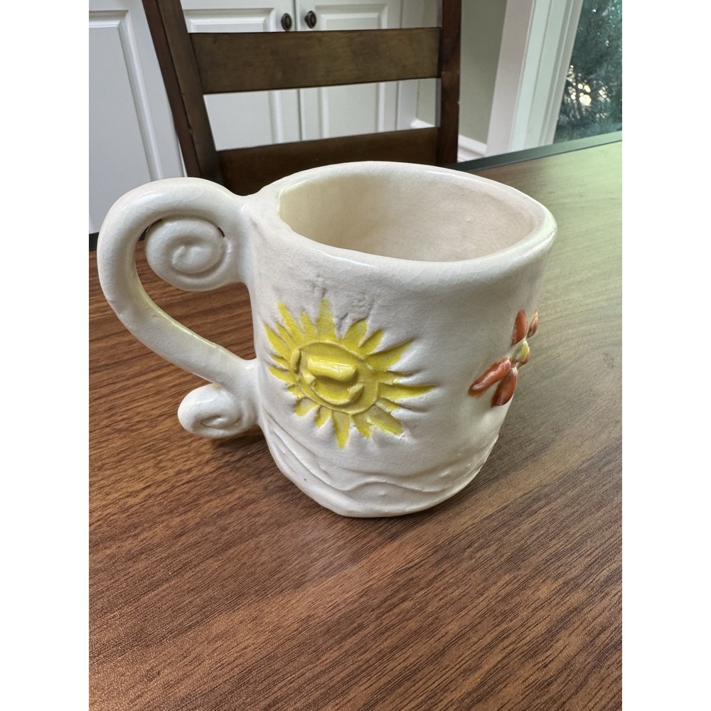 Handmade Ceramic Pottery Mug Sun Flowers‎ Spiral Handle Coffee Cup Rustic Art